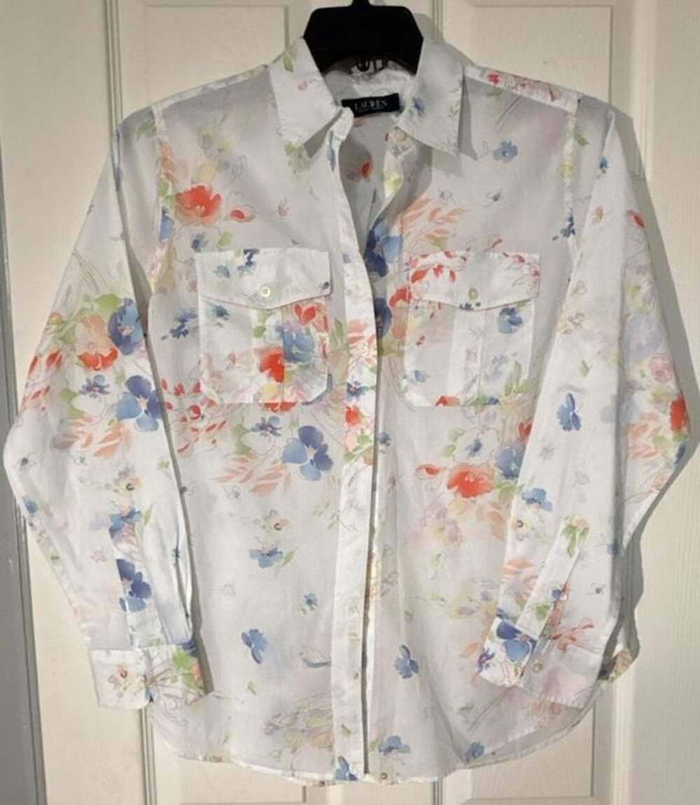 Lauren Ralph Lauren Floral Button Down Shirt White Watercolor Floral Long Sleeve